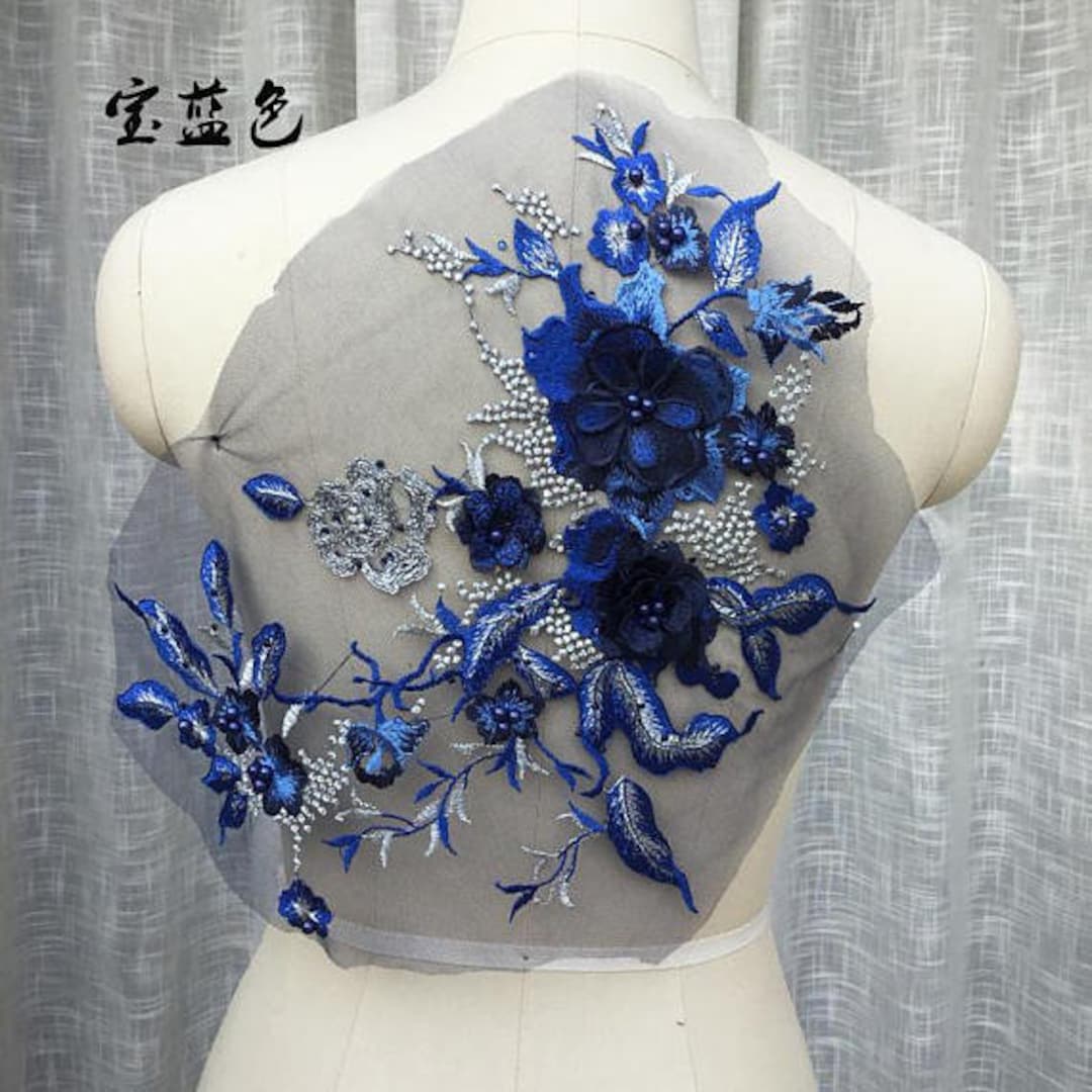 Royal Blue 3D Floral Embroidered Lace Applique, Retro Floral Motif 3D ...