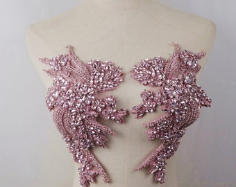 Super Pink Rhinestone Applique Bridal Bodice Beaded Floral | Etsy