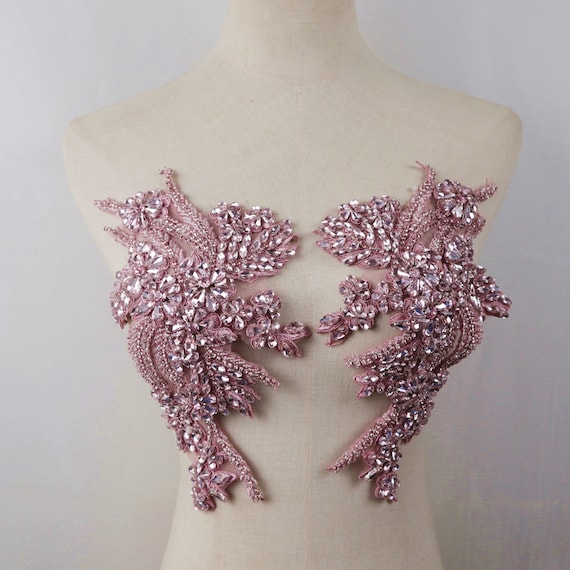 Hot Pink Colors Hand Sewing Rhinestones Applique Haute Couture Crystal  Bodice Patch Heavy Rhinestone Wedding Appliques