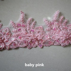 pink cord beaded lace trim, embroidered lace applique trim, multi colors scalloped cord floral motif alencon lace trim 7 cm wide