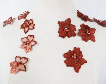 rust brown beaded flowers appliques, bridal floral petal embroidered floral patches for wedding costume gown dress sewing