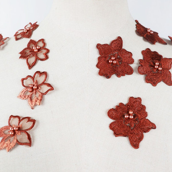 rust brown beaded flowers appliques, bridal floral petal embroidered floral patches for wedding costume gown dress sewing