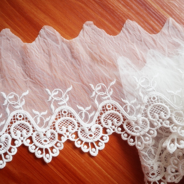 off white lace trim, 12 cm width cotton lace trimming, embroidery tulle hollow-out edge bridal lace, grace swiss wedding dress edging