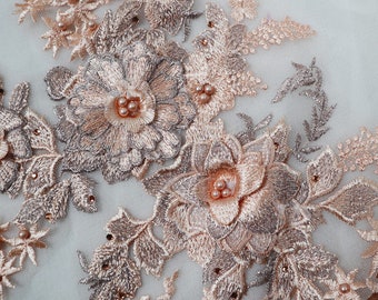 Peach 3D floral lace appliques,  gold embroidered retro floral motif 3D lace applique for wedding gown dress sewing supplies