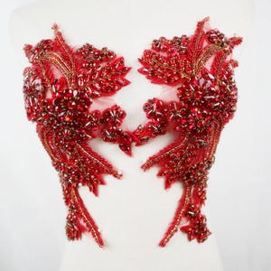 Deluxe Red Rhinestone Applique, Bridal Bodice Beaded Floral Motif Lace ...