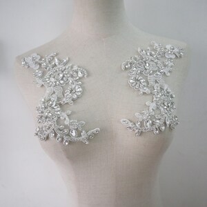 super Rhinestone Applique, silver Bridal Bodice beaded  floral motif Lace Applique, Silver Crystal shoulder straps sash headpiece applique