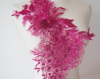 Applicazione in pizzo 3D rosa shocking, applicazione in pizzo con motivo floreale ricamato con paillettes rosa fucsia per accessori fai da te per cucire abiti da sposa