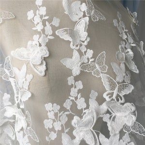 off white embroidered lace fabric, 3D butterfly motif bridal lace fabric,3D lace applique fabric for haute couture wedding costume dress