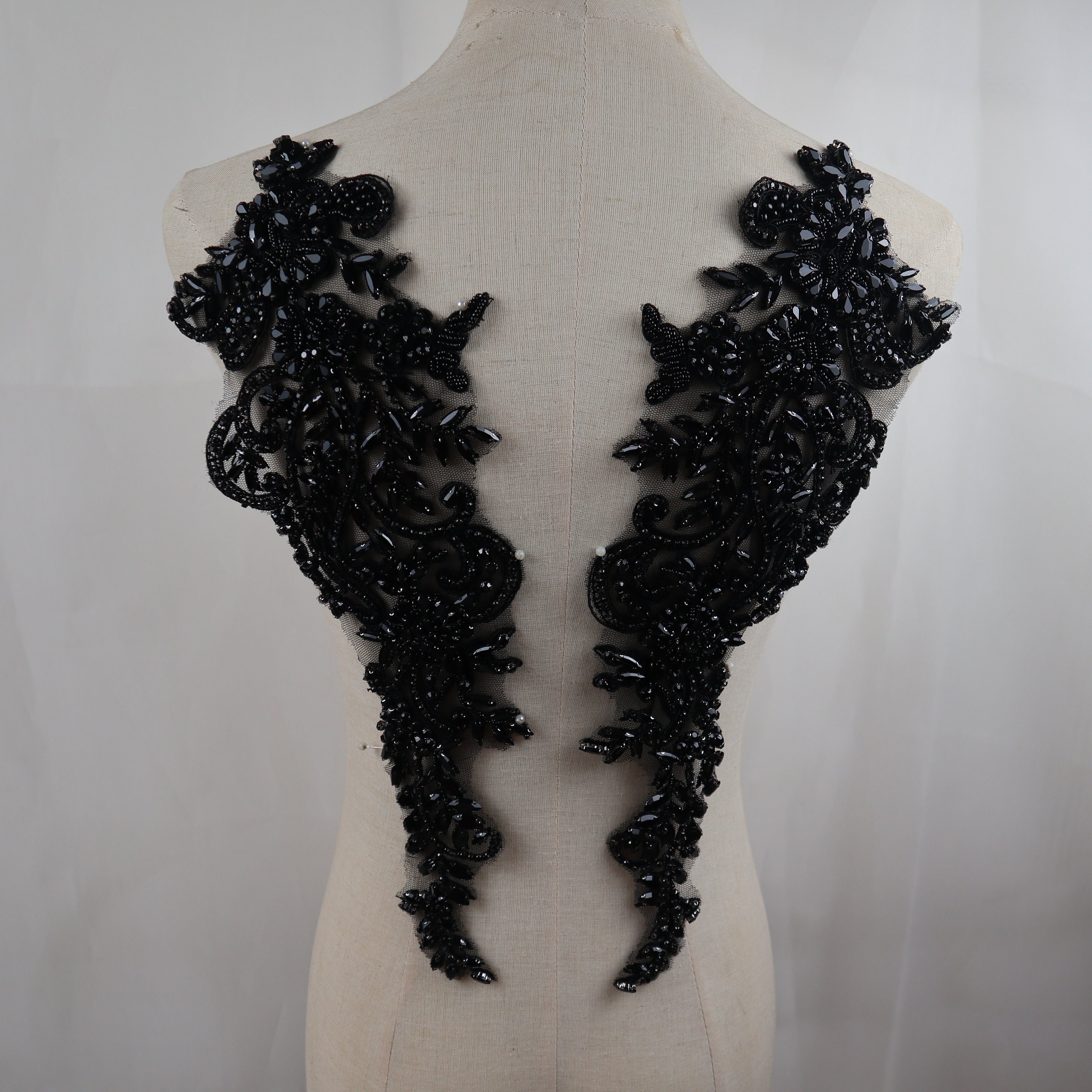 Black Applique lace, Bodice Applique Black Trim Beaded, Black 3D lace  Flower, lace Fabric Black Tulle for Dress BK (C7 Black)