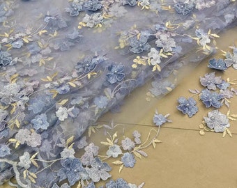 light blue 3D flowers embroidered on mesh lace, beaded Full Blossom Floral style Bridal wedding dress tulle lace fabric