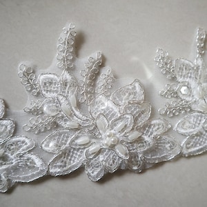 beaded Alencon lace trim, cord embroidered lace flower, scalloped sequins beads floral motif alencon lace trim 7cm wide