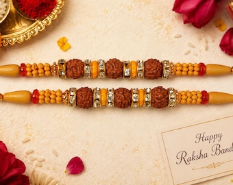 Rakhi for Brother Set of 2 | Handmade Rudraksha Rakhi | Raksha Bandhan Gift | Traditional Bhai Rakhi Bracelet | Indian Festival Thread