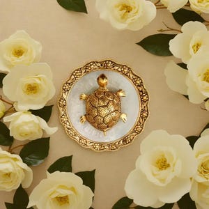 Pode incluir: Uma figura de tartaruga dourada em um prato decorativo branco e dourado. O prato tem uma borda ondulada e desenhos florais intrincados. A tartaruga está sentada em uma superfície branca.