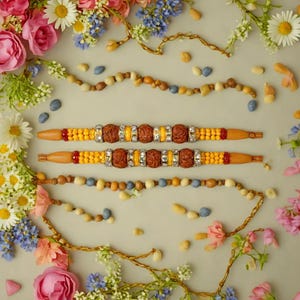 Rakhi Set of Two with 3 Rudraksh & 6 Daimond Rings with Multi Color Thread
