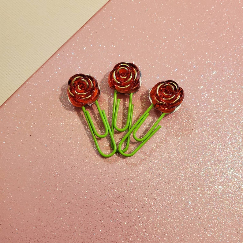 Set of 3 Mini Red Rose with Green Stem Paperclip