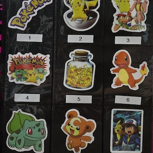 May include: Nine colorful Pokemon stickers on a black background. The stickers feature various Pokemon characters, including Pikachu, Charmander, Bulbasaur, and Squirtle. The stickers are numbered 1 through 9.