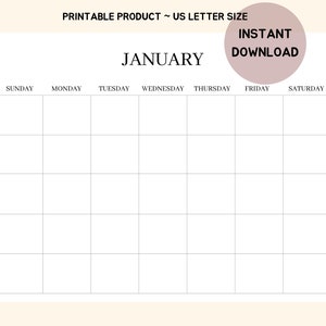 Calendario mensual en blanco 2022 / Paisaje imprimible / Plantilla de calendario minimalista / Calendario de escritorio / Calendario de pared de oficina / Carta 8.5" x 11"