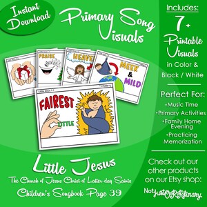 Puede incluir: Un conjunto de siete imágenes imprimibles para la canción de la Primaria "Pequeño Jesús" del Libro de Canciones para los Niños de La Iglesia de Jesucristo de los Santos de los Últimos Días. Las imágenes son en blanco y negro y en color, e incluyen imágenes de un regalo, un árbol, un bebé en un pesebre, una mano sosteniendo una pequeña palabra, una persona en el cielo y un globo terráqueo con las palabras "manso y humilde".
