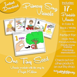 May include: A collection of printable visuals for the song "One Tiny Seed." The images include a hand holding a seed, a tree, and other illustrations. The product includes 17+ visuals in color and black and white.