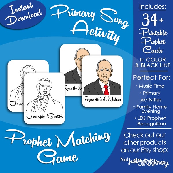 LDS Prophet Matching Game, Latter-day Saint LDS Primary Singing Time Activity, Printable Visual Game, Songbook Graphic Picture Image, Memory
