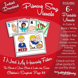 Puede incluir: Visuales imprimibles para la canción de la Primaria "Necesito a mi Padre Celestial" del Cancionero para Niños de La Iglesia de Jesucristo de los Santos de los Últimos Días, página 18. Los visuales incluyen imágenes de niños, manos y un corazón. El texto "Necesito a mi Padre Celestial" también está incluido.