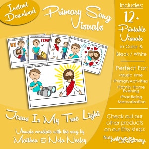 Puede incluir: Un conjunto de 12 imágenes imprimibles para la canción "Jesús es mi verdadera luz" de Matthew & Nola Neeley. Las imágenes están en blanco y negro y en color, y son perfectas para la hora de la música, las actividades primarias, la noche familiar en casa y la práctica de la memorización.