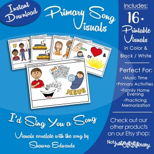 May include: A set of 16 printable visuals for the song "I'd Sing You a Song" by Shawna Edwards. The visuals are in black and white and color. They feature illustrations of a baby Jesus, a manger, a heart, a sun, and a musical note. The text "I'd Sing You a Song" is also included in the image.