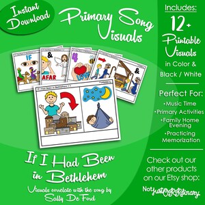 May include: A printable set of 12+ visuals for the song "If I Had Been in Bethlehem" by Sally De Ford. The visuals are in color and black and white and are perfect for music time, primary activities, family home evening, and practicing memorization. The visuals include images of a star, a moon, a baby in a manger, a house, and a person.
