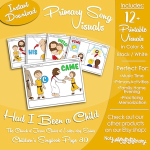 Può includere: Una raccolta di immagini stampabili per la canzone Had I Been a Child a pagina 80 del libro di canti per bambini. Il set include oltre 12 illustrazioni a colori e in bianco e nero con figure animate di Gesù e di alcuni bambini.