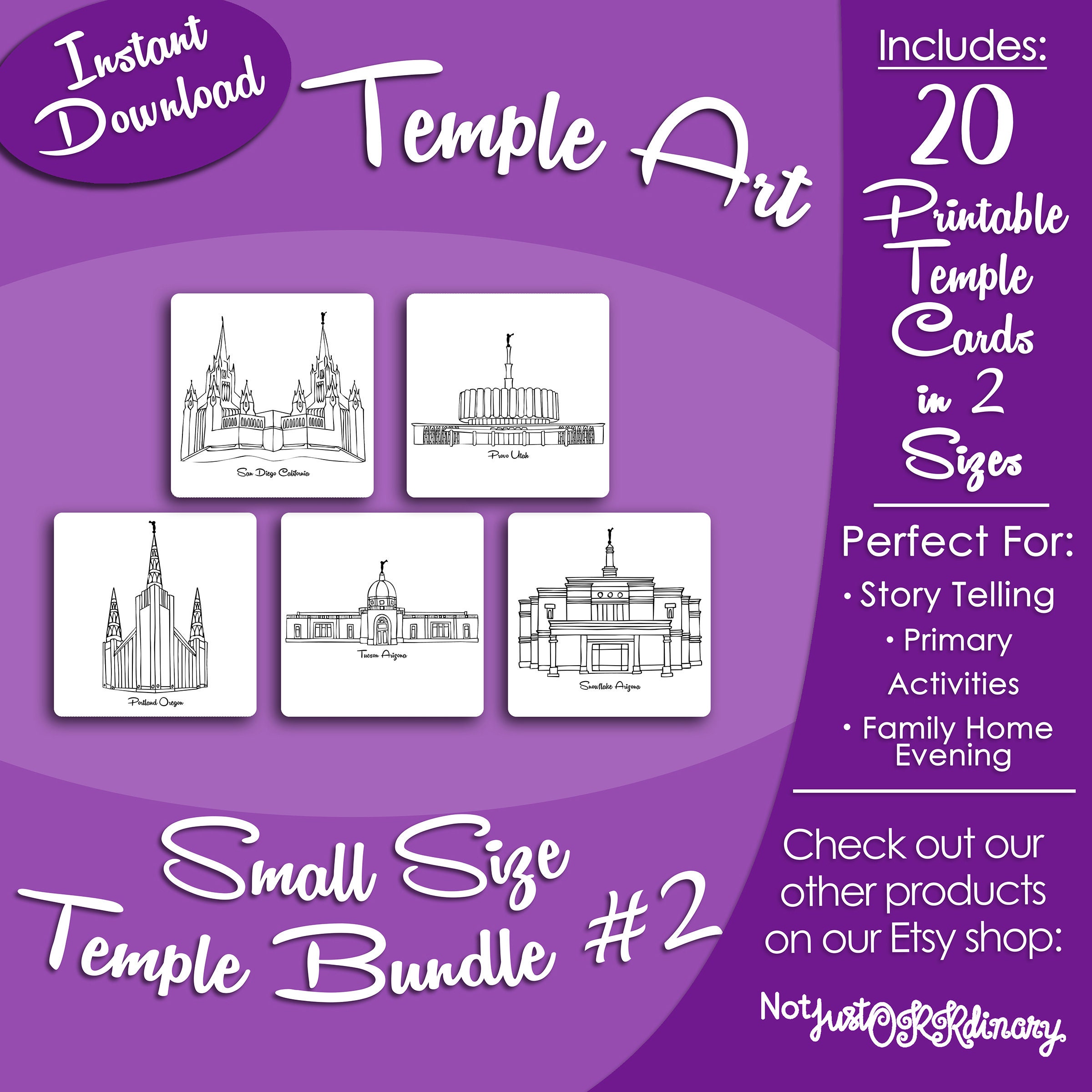 Small Size LDS Temple Bundle #2- LDS Latter-day Saint, Card Art Print Artwork Clip Clipart, Hand Drawn, Printable Digital Download, Simple