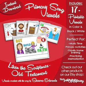 以下が含まれることがあります： 「Instant Download」と「Primary Song Visuals」のテキストが入った赤い背景。聖書をテーマにした画像とテキストが描かれた、カラフルなイラストカードがいくつか含まれています。「Liken the Scriptures - Old Testament」のテキストも表示されています。