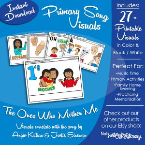 Può includere: Una raccolta di immagini stampabili per la canzone "The Ones Who Mother Me". Le immagini includono illustrazioni con le parole "Courage", "Mother", "Oh Thank & Kind" e altro. Le immagini sono a colori e in bianco e nero.