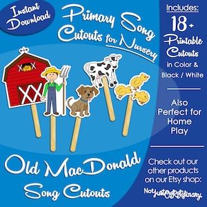 May include: Printable Old MacDonald song cutouts for nursery. Includes 18+ printable cutouts in color and black and white.  The cutouts feature a red barn, a farmer, a dog, a cow, and three chicks.  The text "Old MacDonald Song Cutouts" is at the bottom of the image.