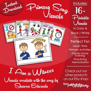May include: A collection of printable song visual cards featuring cartoon illustrations for the song I Am a Witness. The cards display various scenes with characters, text, and symbols. The background is red with white text including Instant Download, Includes 16+ Printable Visuals in Color & Black / White, and I Am a Witness visuals correlate with the song by Shawna Edwards.