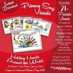May include: A digital download set of Primary Song Visuals titled Holding Hands Around the World, featuring 21 printable pages in color and black and white. The graphics include cartoon illustrations of children, globes, and musical notes.
