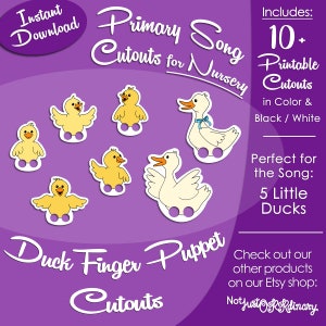 Może przedstawiać: Drukowane wycinanki kaczek do ręcznego robienia kukiełek. Wycinanki są kolorowe i czarno-białe. Obrazek zawiera tekst "Primary Song Cutouts for Nursery" i "Duck Finger Puppet Cutouts".