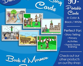 Peut inclure: Une collection de cartes d'histoires scripturaires illustrées représentant des scènes du Livre de Mormon, dont l'Arbre de Vie, le Capitaine Moroni et Énos. L'ensemble comprend 90 cartes imprimables en couleur et en noir et blanc sur fond bleu.