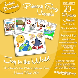 May include: A collection of colorful printable visuals for the song "Joy to the World." The images include illustrations of people, symbols, and the Earth. The text includes "Instant Download," "Primary Song Visuals," and "Joy to the World."