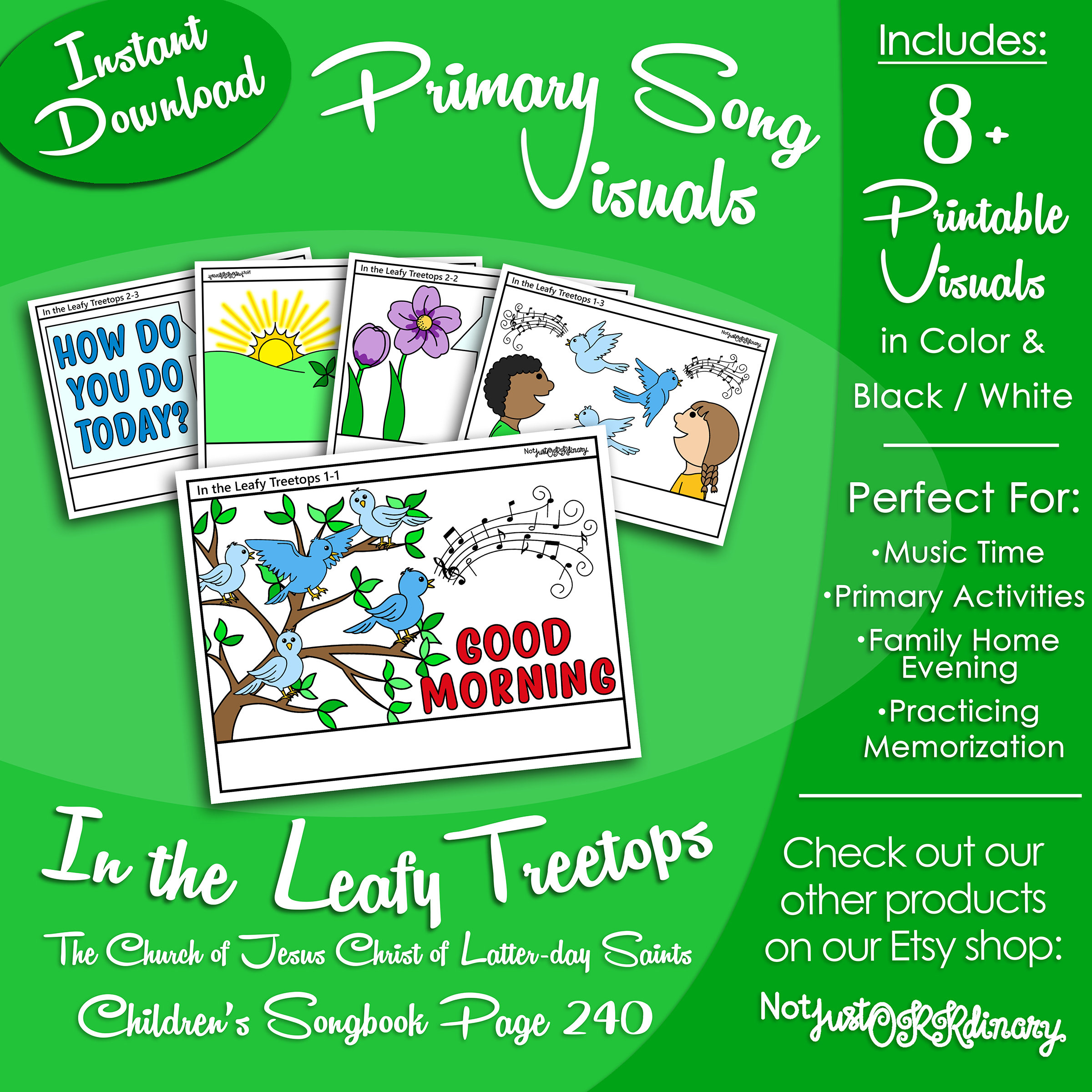 In the Leafy Treetops Song Visuals, Latter-day Saint LDS Primary Singing Time, Printable Poster, Music Leader Help, Songbook Picture Image