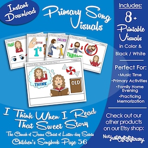 May include: A set of printable song visuals for the song I Think When I Read That Sweet Story, featuring cartoon illustrations of a person reading, a book, and text. The cards include color and black and white versions for children's music activities.