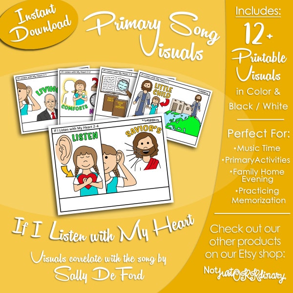 If I Listen with My Heart Song Visuals, Sally DeFord, Latter-day Saint LDS Primary Singing Time, Printable, Music Leader, Picture Image