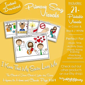 Può includere: Una raccolta di immagini visive stampabili a colori per la canzone "I Know That My Savior Loves Me". Le immagini presentano illustrazioni di cartoni animati e testo, con le parole "Download istantaneo" e "Visuali della canzone primaria".