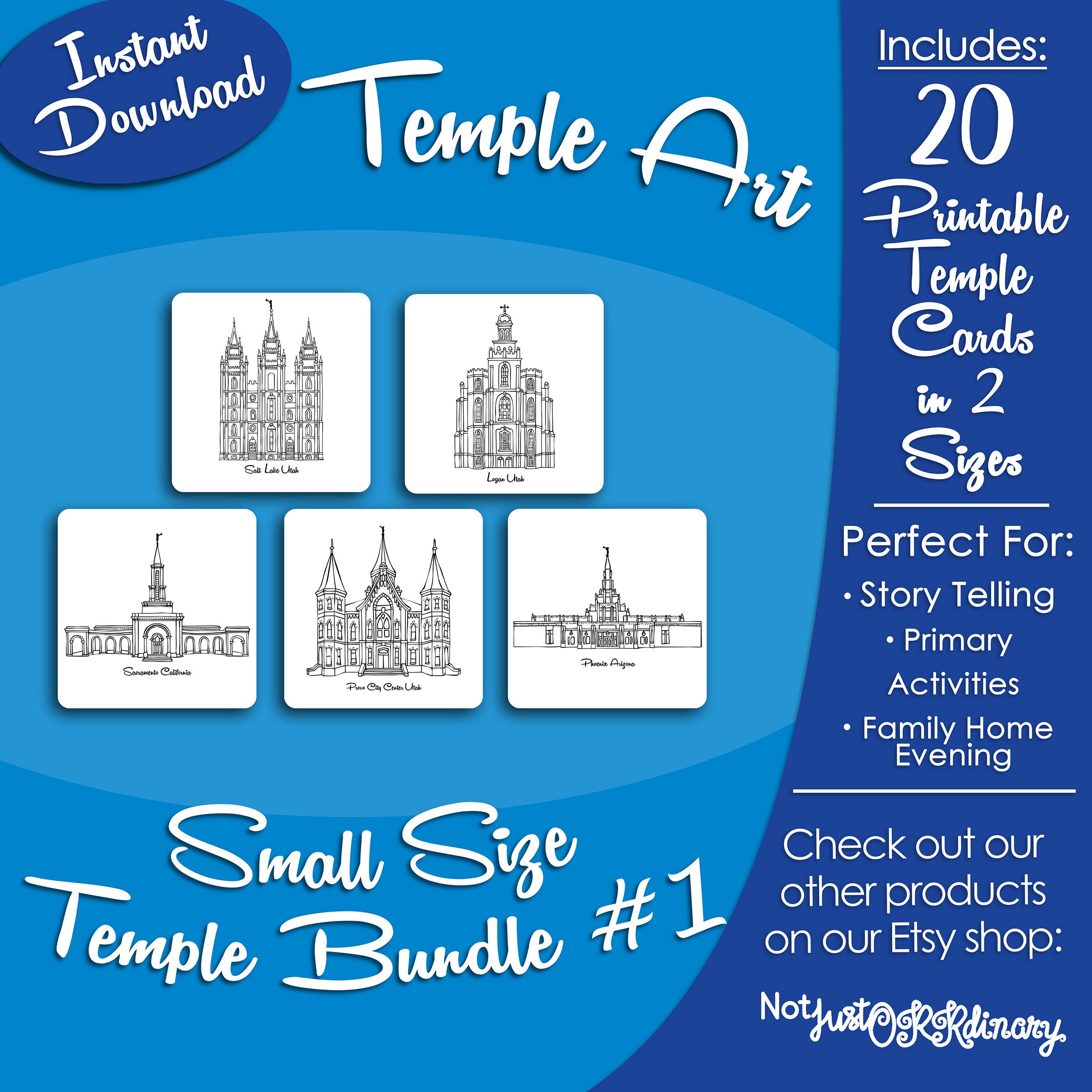 Small Size LDS Temple Bundle #1- LDS Latter-day Saint, Card Art Print Artwork Clip Clipart, Hand Drawn, Printable Digital Download, Simple