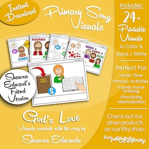 Puede incluir: Un conjunto de visuales imprimibles para la canción "God's Love" de Shawna Edwards. Los visuales incluyen ilustraciones de historias y personajes bíblicos, con el texto "Descarga instantánea" y "Visuales de canciones primarias". Incluye 24+ visuales imprimibles en color y blanco y negro.