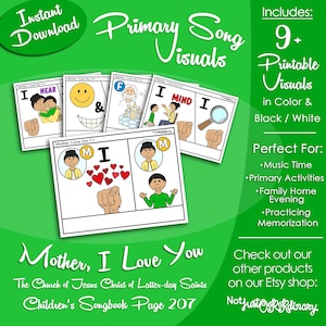 Puede incluir: Un fondo verde con el texto "Descarga instantánea Primary Song Visuals". La imagen incluye 9+ visuales imprimibles en color y blanco/negro. Los visuales son para la canción "Mother, I Love You" e incluyen ilustraciones.