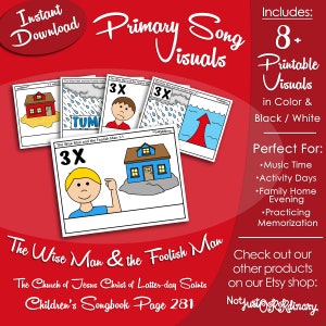 May include: Printable visuals for the song "The Wise Man and the Foolish Man" from the Church of Jesus Christ of Latter-day Saints Children's Songbook, page 281. The visuals include illustrations of a house, rain, and a man. The text "3X" appears on some of the visuals.