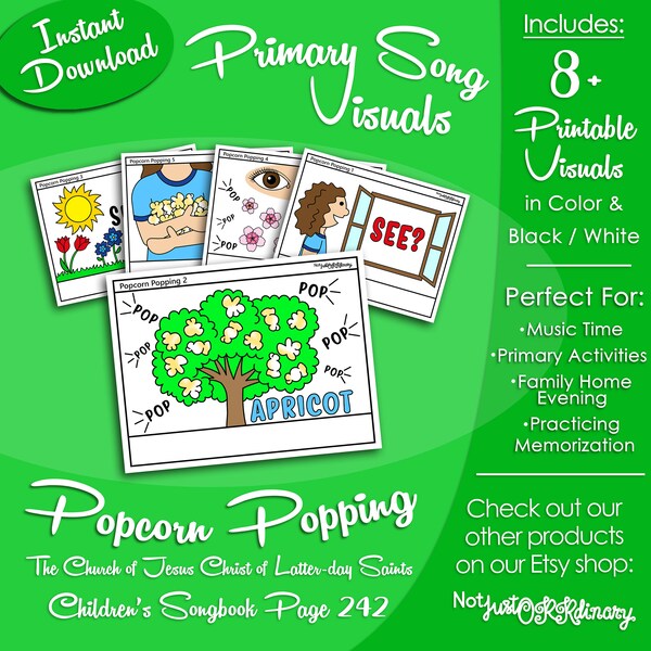 Popcorn Popping Song Visuals, Latter-day Saint LDS Primary Singing Time, Printable Poster, Music Leader Help, Songbook Graphic Picture Image