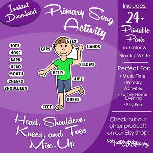 Puede incluir: Una actividad imprimible para niños con una ilustración de dibujos animados de una persona con etiquetas para diferentes partes del cuerpo, como la cabeza, los hombros, las rodillas y los dedos de los pies. El texto "Head, Shoulders, Knees, and Toes Mix-Up" está en la parte inferior de la imagen. La imagen está sobre un fondo morado.