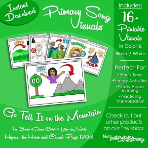 May include: A set of printable song visuals for Go Tell It on the Mountain, featuring cartoon illustrations of figures, mountains, and text. The cards include labels like OVER, HUMBLE, BORN, TELL, and GO, presented on a bright green background with text.