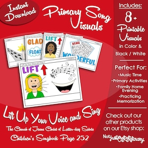 Puede incluir: Visuales imprimibles para la canción "Lift Up Your Voice and Sing" del Libro de Canciones para Niños de La Iglesia de Jesucristo de los Santos de los Últimos Días, página 252. Los visuales incluyen imágenes de una cara sonriente, notas musicales y las palabras "Lift", "Glad", "Float", "Song" y "Wonderful".